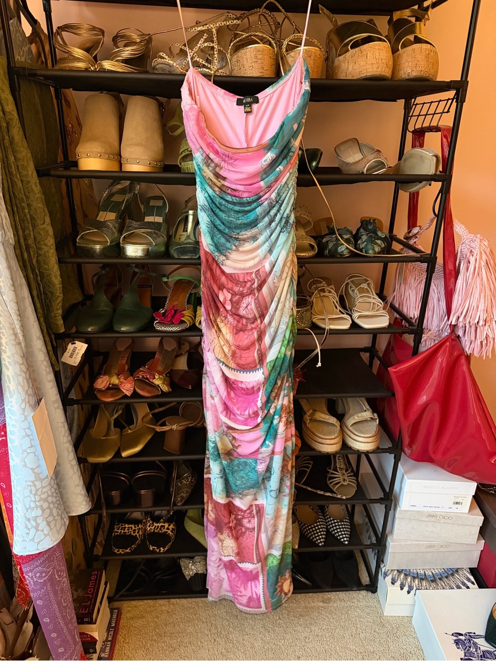 AFRM Pink & Turquoise Ruched Draped Maxi Dress